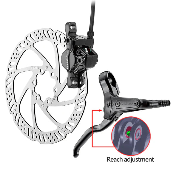 Bicycle disc brake assembly with lever and reach adjustment feature on a white background