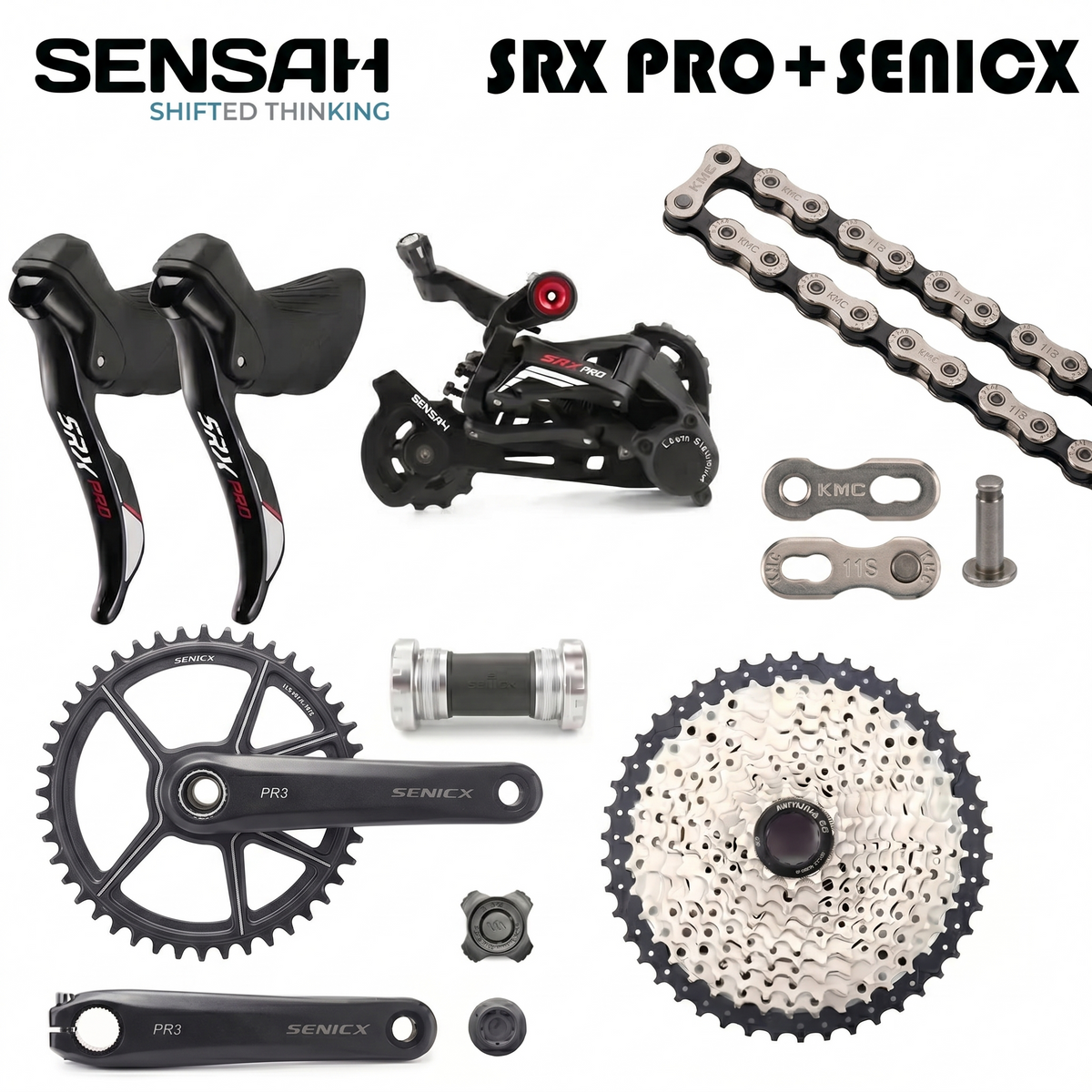 Collection of bicycle components including a chain, gears, and brakes with Sensah branding on a white background.