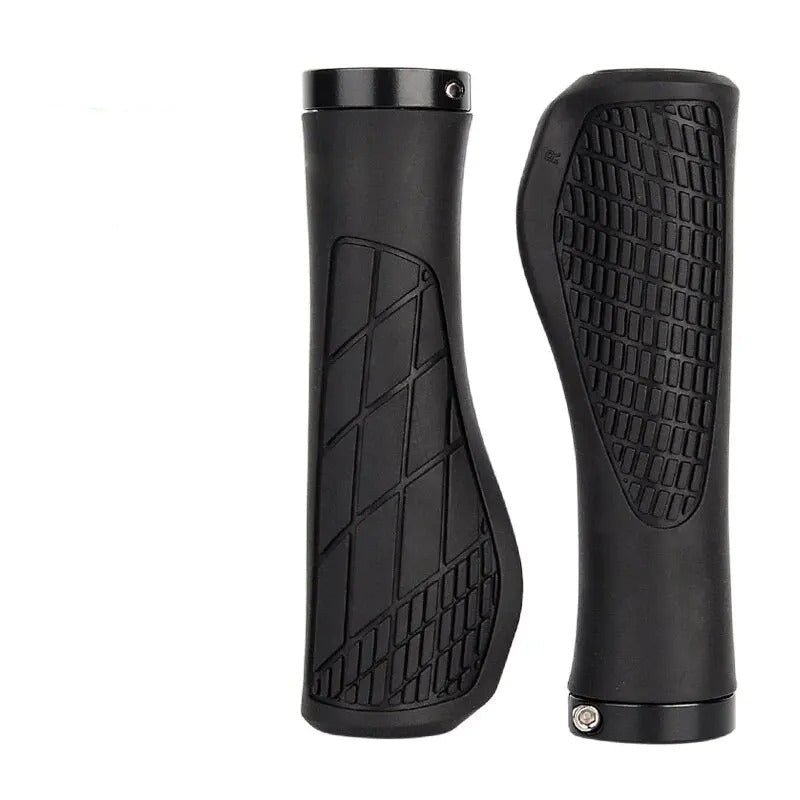 Black bicycle grips with textured surface and tool illustration on a white background