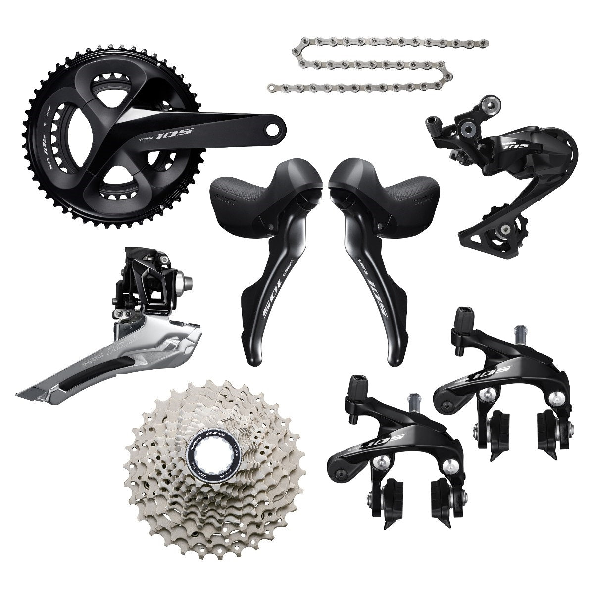 Collection of Shimano 105 R7000 components including cassette chain, and brakes on a white background