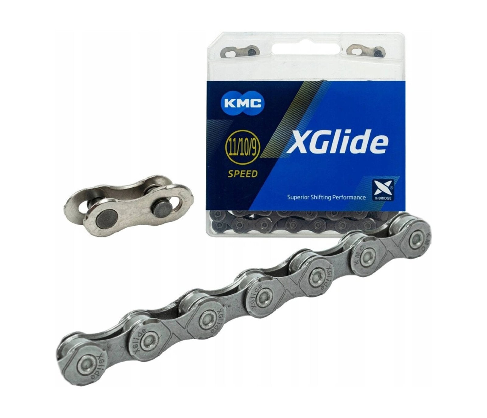 KMC XGlide bicycle chain with packaging on a white background