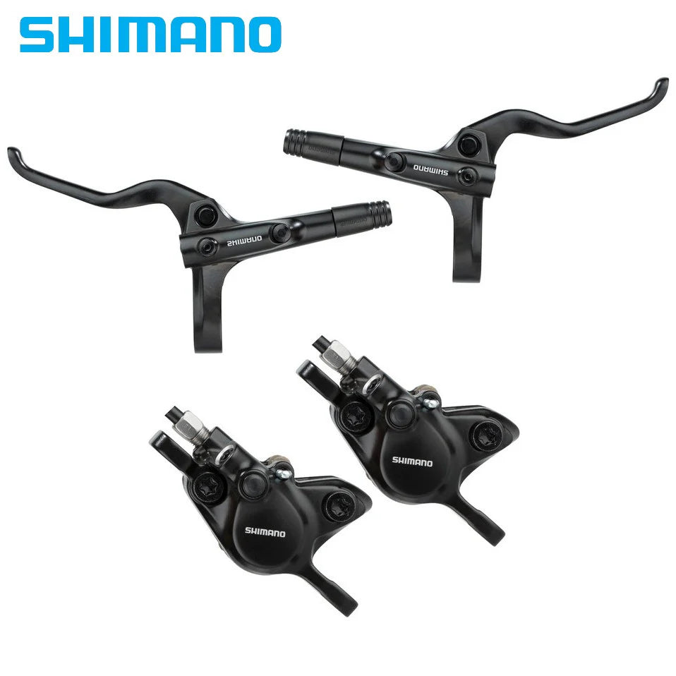 Shimano bicycle brake lever mt200 and caliper set on a white background