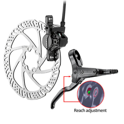 Bicycle disc brake assembly with lever and reach adjustment feature on a white background