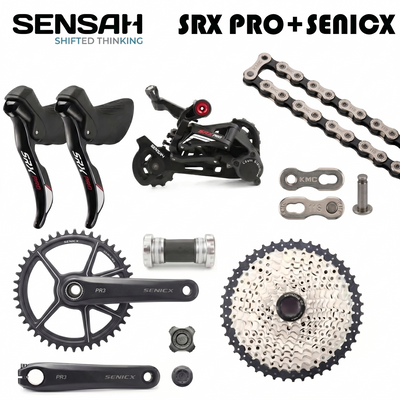 Collection of bicycle components including a chain, gears, and brakes with Sensah branding on a white background.