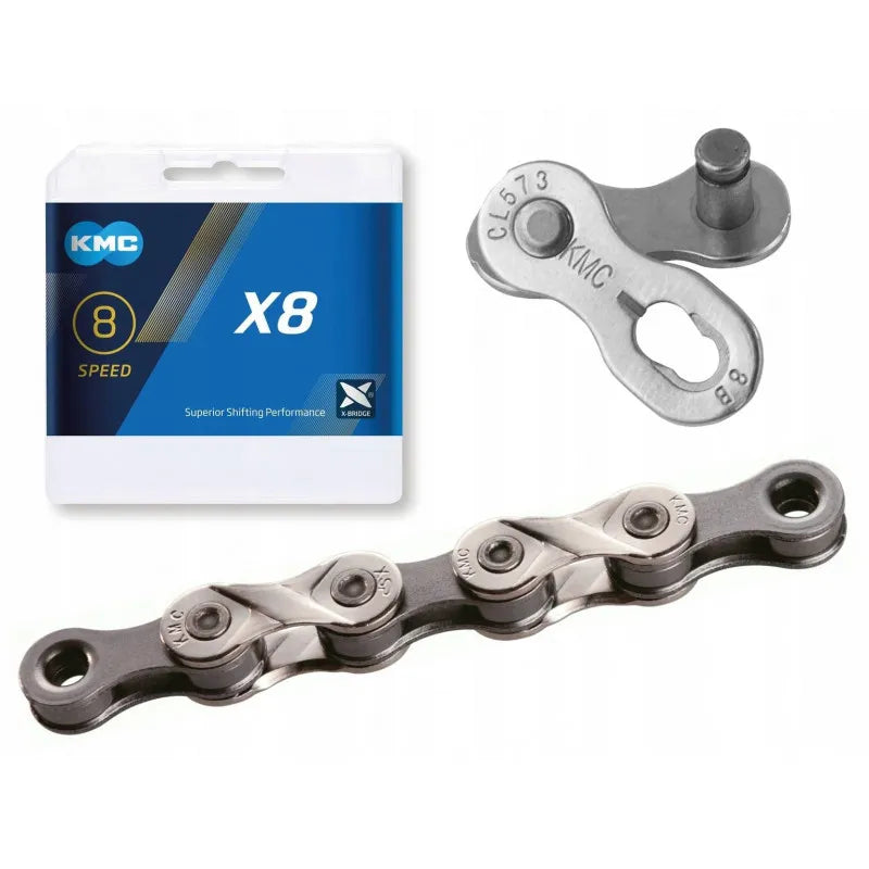 KMC X8 bicycle chain with packaging on a white background